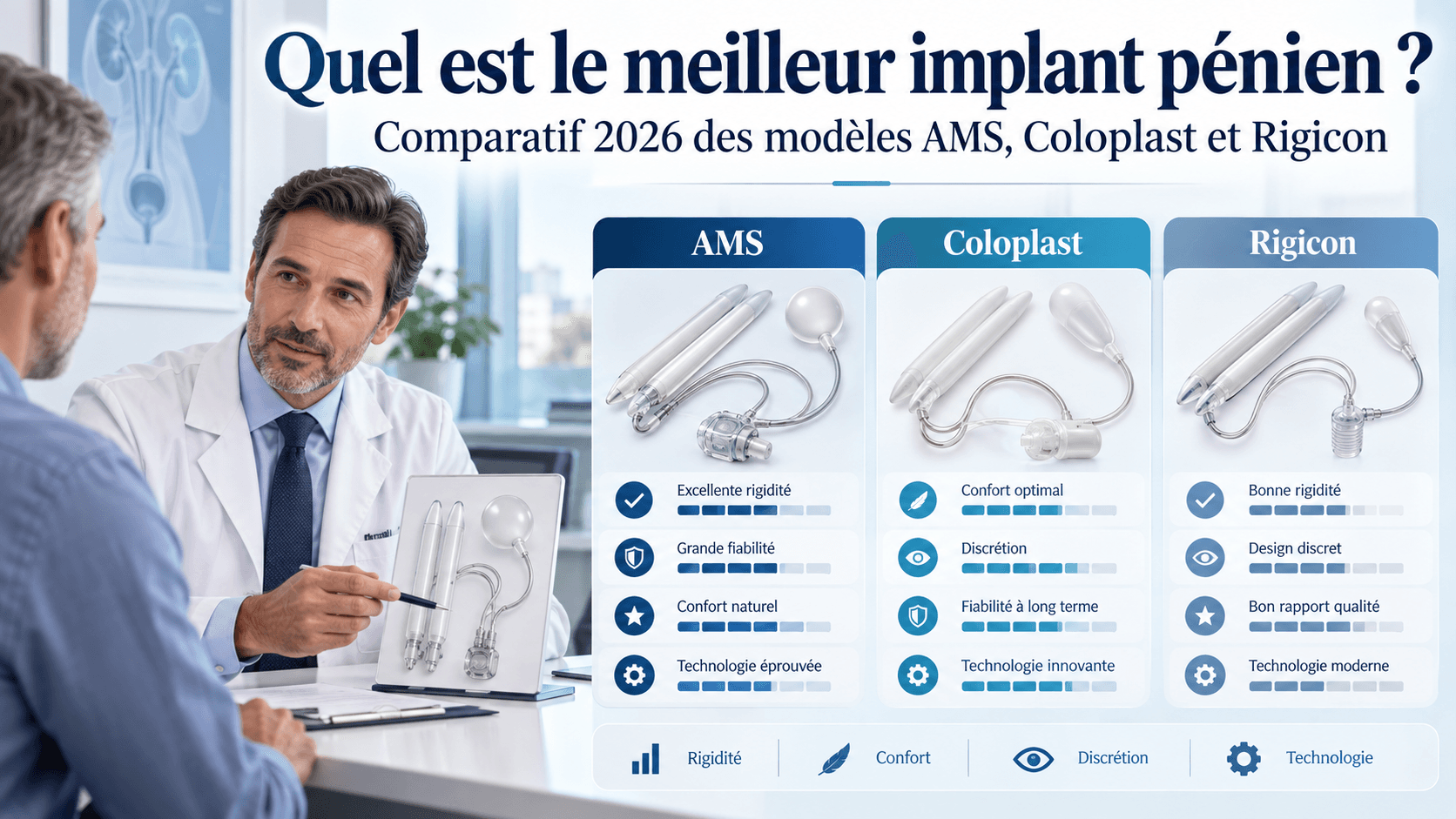 Quel est le meilleur implant pénien ? Comparatif 2026 des modèles AMS, Coloplast et Rigicon